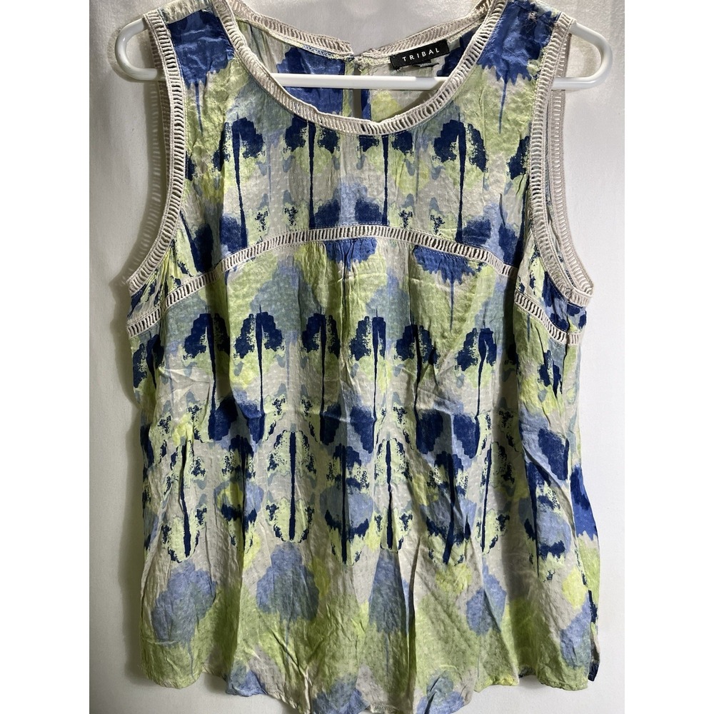 Tribal Womans Large Sleeveless Blouse Top Green Blue Geometric Abstract Beachy